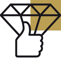 Icon mit Diamant und gestrecktem Daumen als Symbol für Schmuckdesign